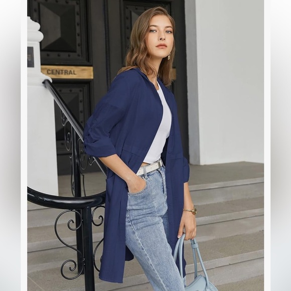 🆕 Women's Cuffed Sleeve Collared Button Down Shirt Dress Cover-Up Blue Medium - Picture 3 of 11